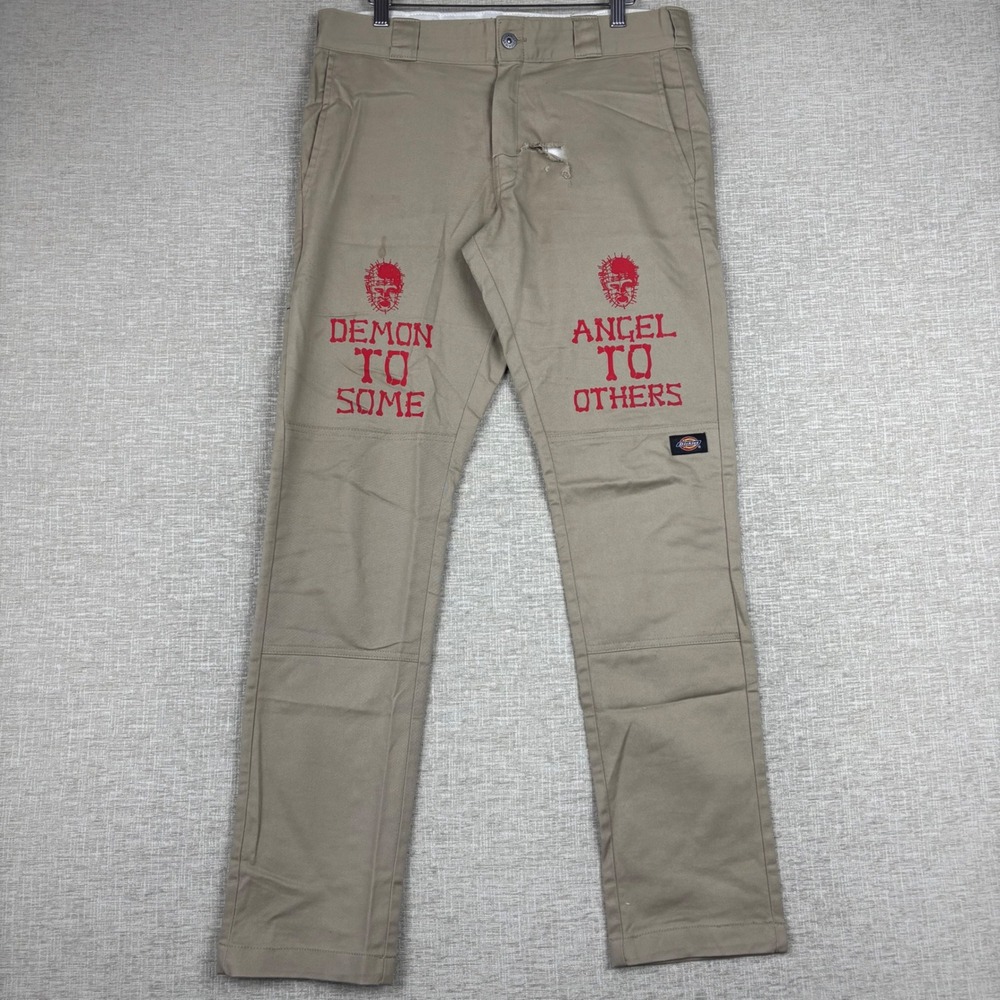 Dickies Skinny Straight Hellraiser Custom Graphic Khaki Work Pants Mens 32x32